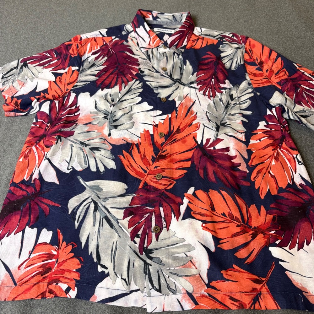 Tommy Bahama Mens XL Silk Camp Shirt Tropical Leaf Print Navy Orange 233-ST32645